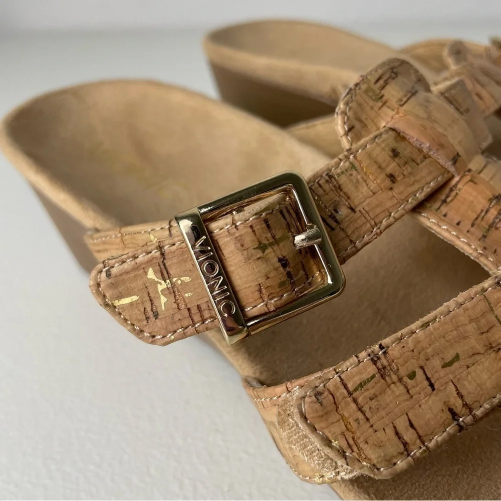 Vionic Tan Strappy Radia Cork Wedges Shoes Size 8